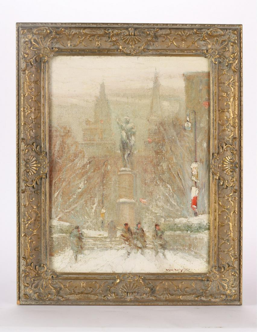 JOHANN BERTHELSEN (1883-1972): "Winter Scene, New York" oil on canvas laid to masonite 16 x 12 inches. signed. framed. 20 x 16 1/2 inches. Together with a 1988 receipt from the Fastov Galleries, MD.