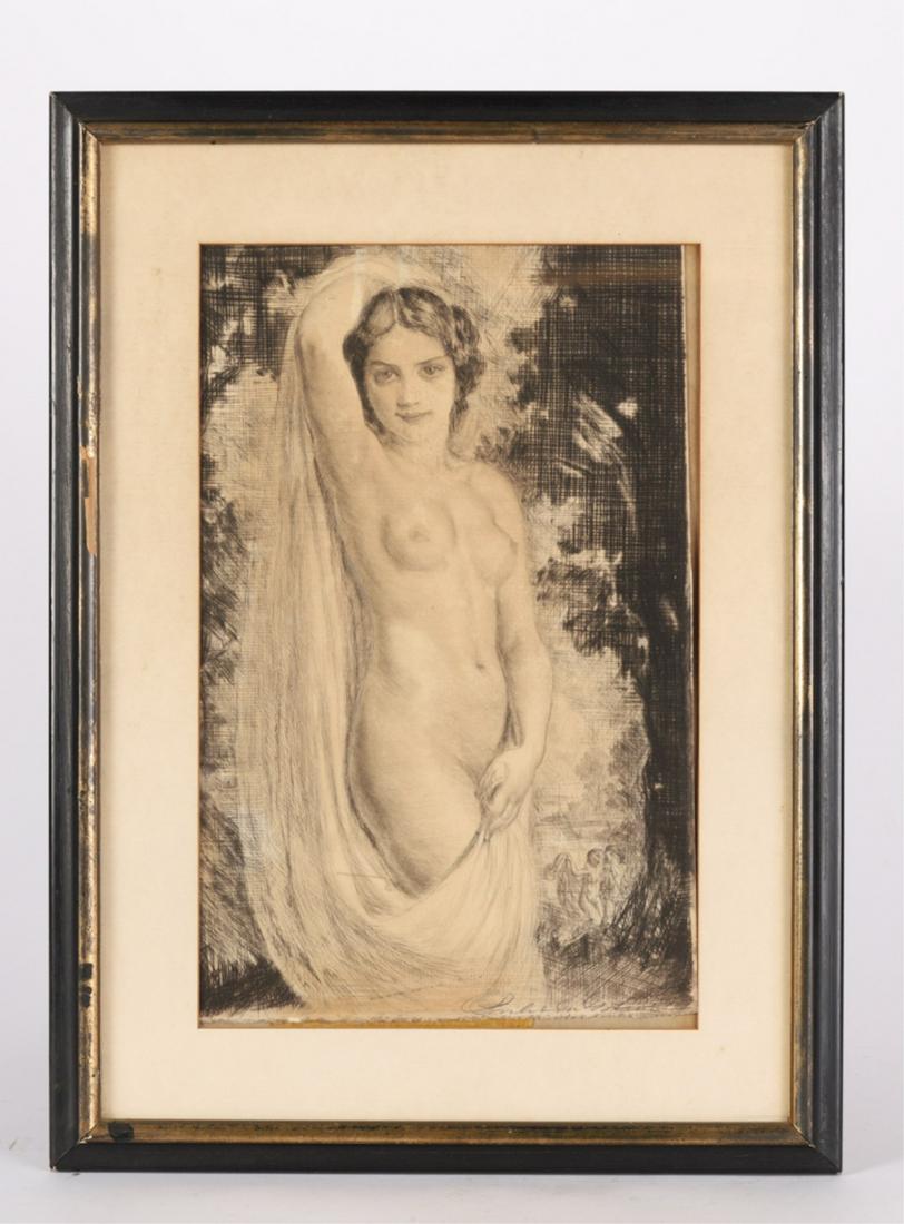 AMERICAN SCHOOL (Early 20th c): "Young woman drying off after Bathing with Friends" etching. signed illeg. 15 x 9 1/2 inches. framed 21 x 15 inches (overall)