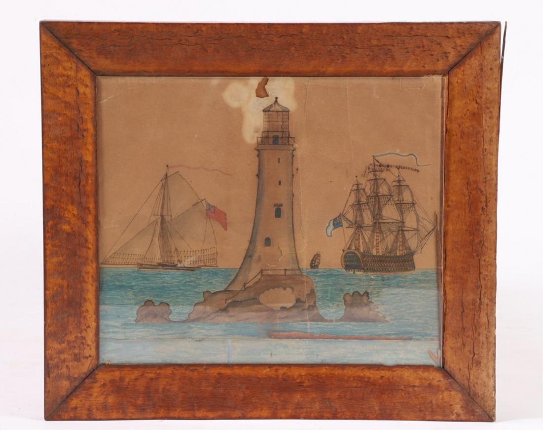 BOSTON LIGHT with BRITISH WAR SHIP & SCHOONER: Mixed media. 13 1/2 x 15 1/2 inches. signed illeg. framed 18 x 20 1/2 inches (including birds eye maple frame)