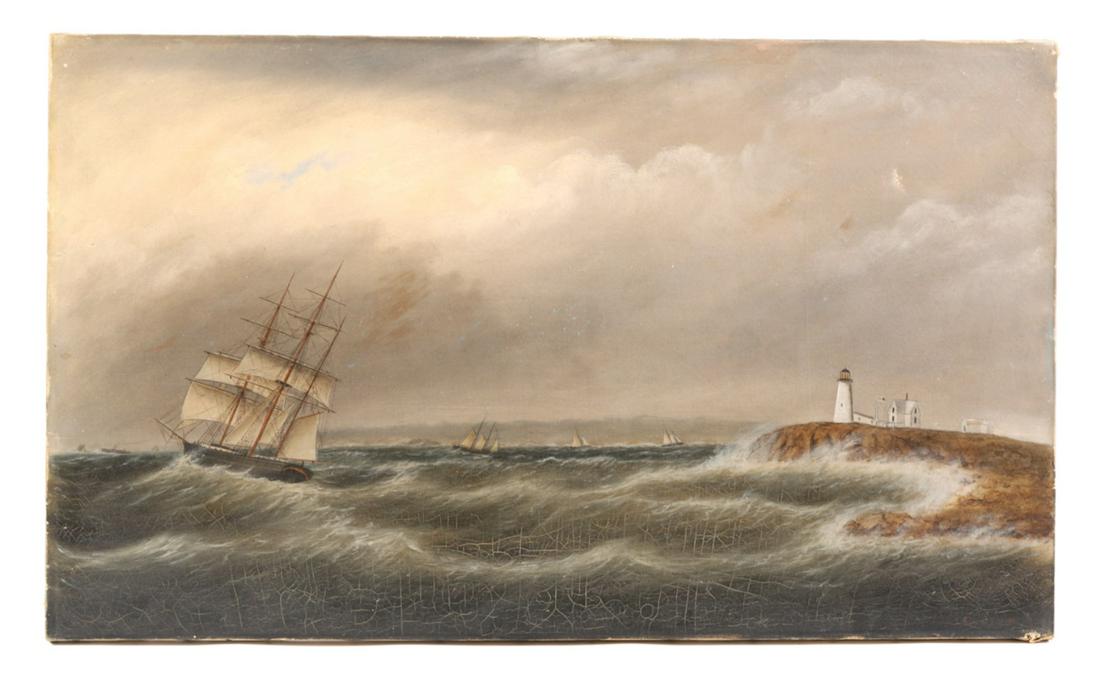 CLEMENT DREW (1806-1889): "Eastern Point Light Gloucester Harbor with Norman's Woe in the Distance" signed and dated 1880. oil on canvas 18 x 30 inches.