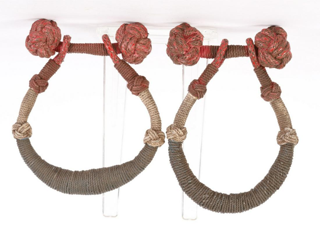PAIR OF (20th c) PATRIOTIC SAILOR'S BECKETS: Knotted and braided cord and twine. 7 x 6 inches