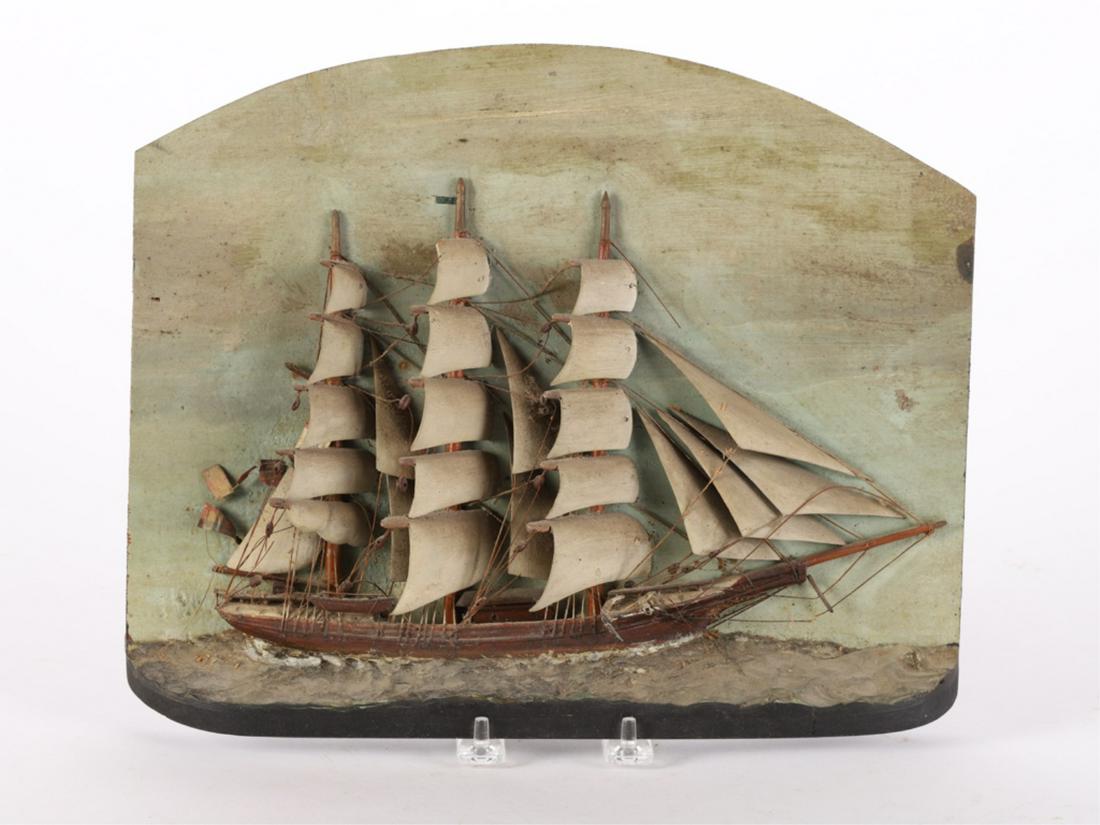CARVED AND PAINTED DIORAMA of a TALL SHIP at SEA: Well executed wall plaque. 11 x 13 x 2 inches