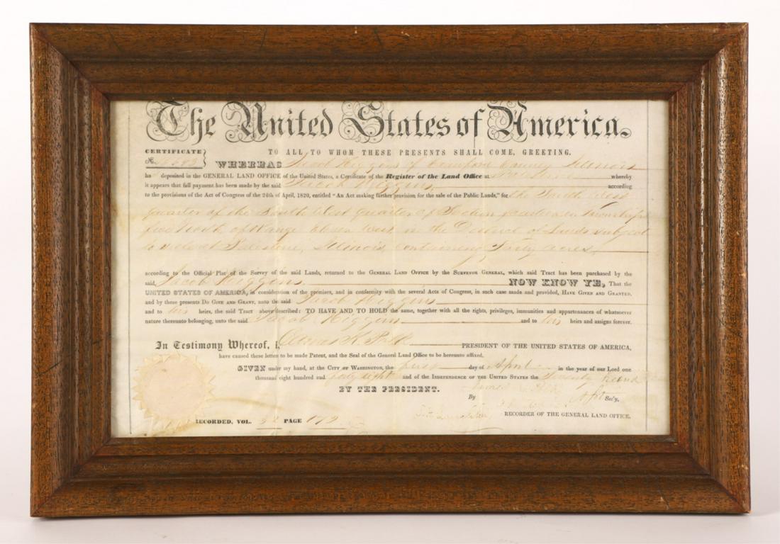 PRESIDENT JAMES POLK SIGNED ILLINOIS LAND GRANT: Illinois land grant, secretarial signed James K. Polk (1795-1849), President of the United States (1845-1849), dated 1848, granting 40 acres in Palestine, Illinois to Jacob Higgins.