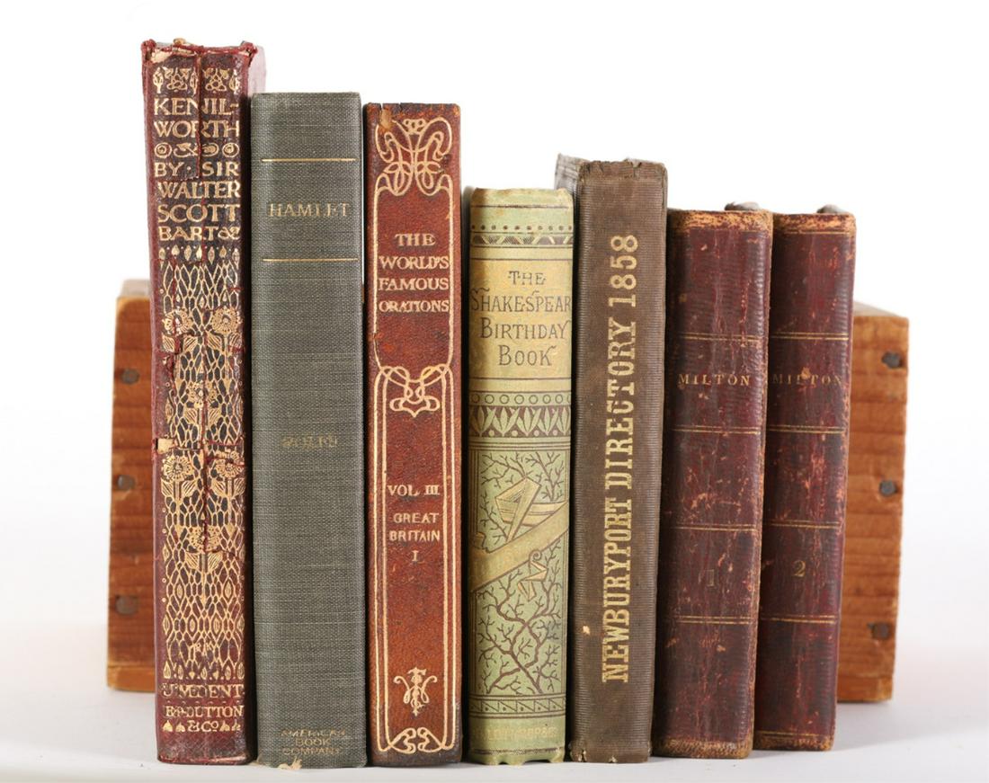 LITERARY CLASSICS & 1858 NEWBURYPORT DIRECTORY: Including: Poetical Works of John Milton I and II 1813, Shakespeare Birthday Book 1882, World's Famous Orations Vol. III 1906, Hamlet Harper Bros. 1898, and Kenilworth by Sir Walter Scott 1916. Togeth