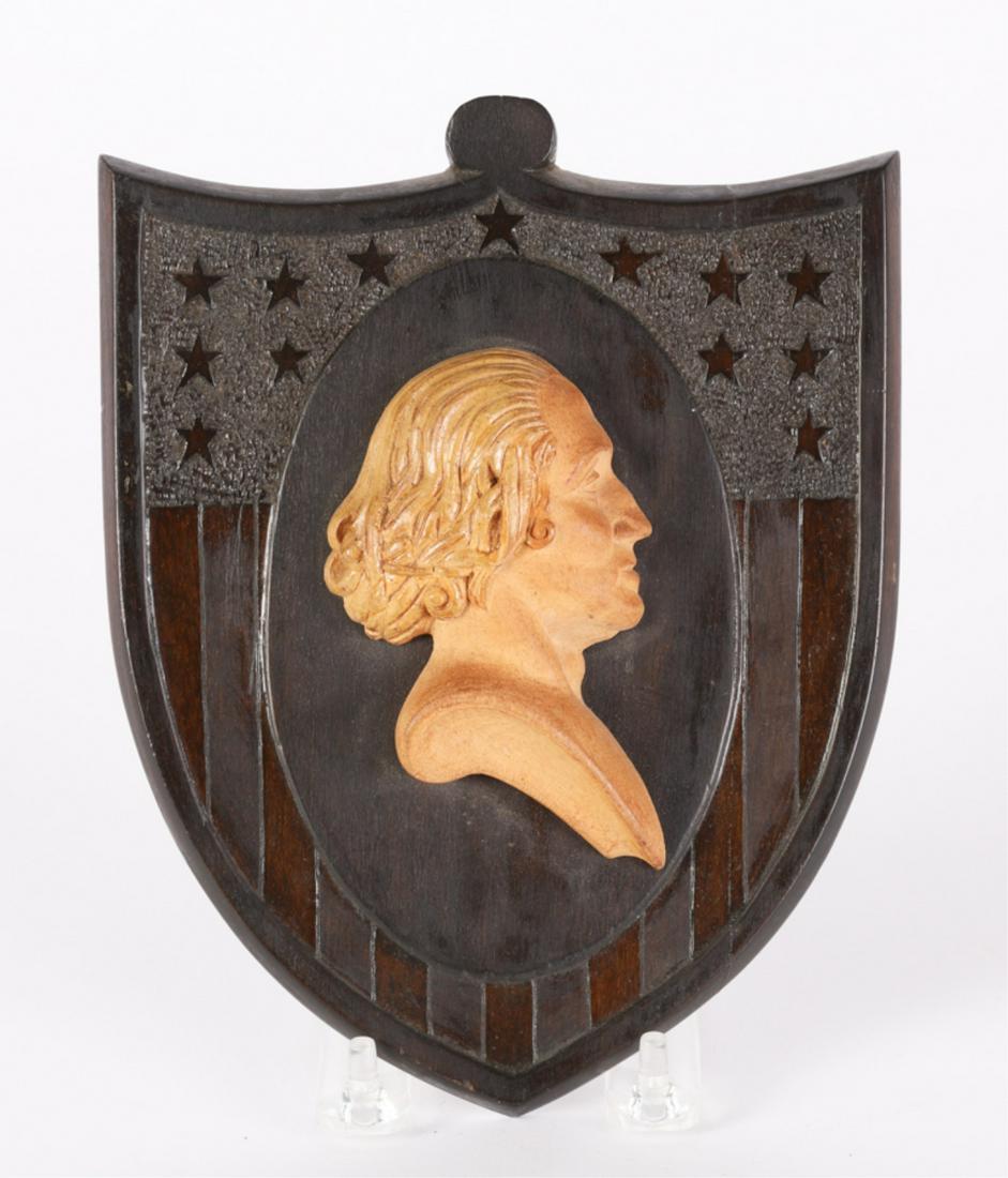 GEORGE WASHINGTON PLAQUE by SAMUEL PEARSON 1939: Hand carved patriotic plaque maple and black walnut 8 x 6 inches. signed and dated