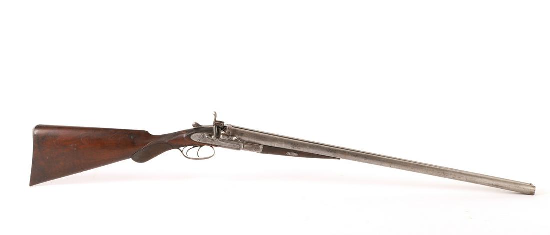W. & E. SCOTT and SON SxS BLACK POWDER SHOT GUN: Appears to be a 10 gauge smooth bored side by side shot gun. Finely engraved with floral motifs. Serial #5675. 27 1/2 inch barrel. 44 inches (overall)