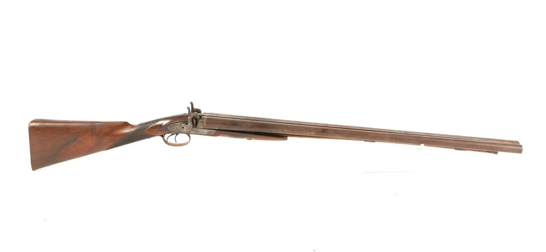I. HOLLIS and SONGS DOUBLE BARREL SHOT GUN: (10) Gauge percussion cap shot gun with 30 1/4 x 3/4 inch barrels. Engraved lock.