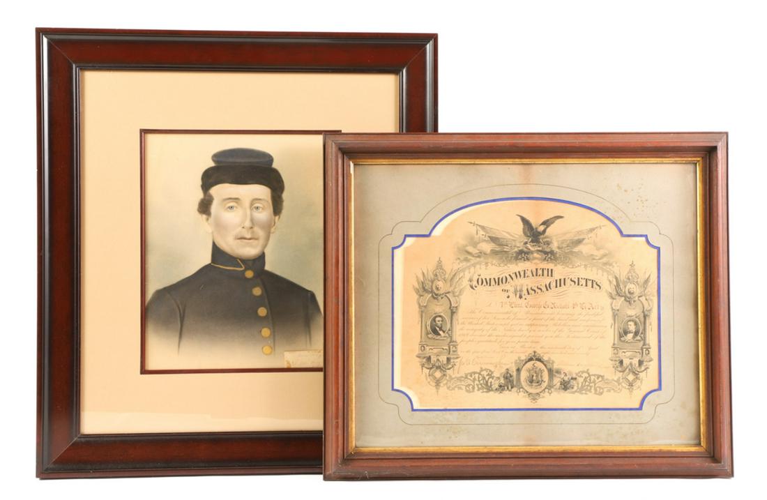 1861 UNION ARMY COLONEL from STANBERRY MISSOURI: "John Henry C.....?" pastel on paper 16 x 13 inches. framed 29 x 26 1/2 inches (overall). Together with a certificate of service from the Commonwealth of Massachusetts in honor of 1st. Lieut. George G