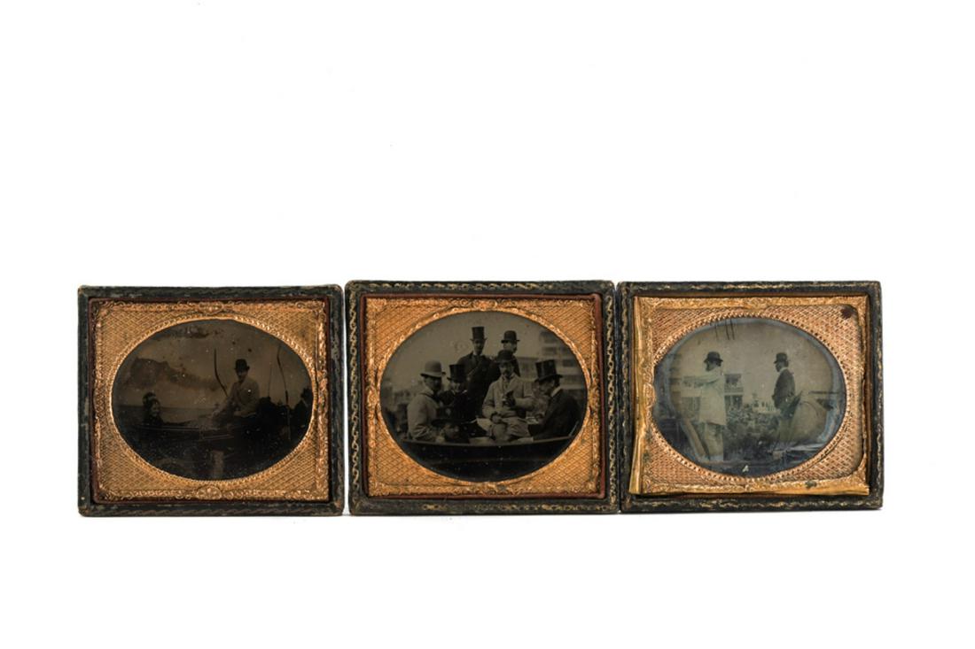 (3) SIXTH PLATE AMBROTYPES of CARRIAGE SCENES: Including: (7) Gentlemen in hats seated in a carriage, couple sitting in a carriage and (2) gentlemen spectating from a carriage.