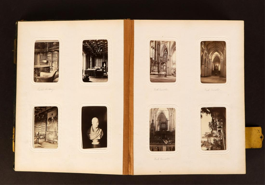 (19th c) PHOTO ALBUM with APPROX. (200) CDVs: Including: Pictures of Ireland, Scott's, York Minster, Fountain's Abbey, Harrowgate, Crystal Palace, Place de la Concorde, the Louvre, the Pantheon, Versailles, Fountainbleu, Cologne etc. Album measur