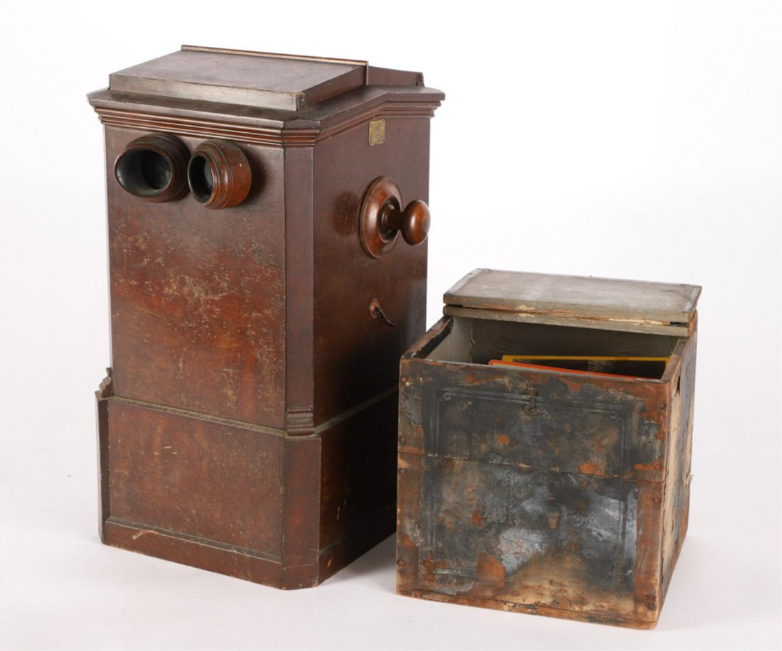 TABLE TOP STEREO VIEWER by ALEX BECKERS c1870s: Over ( 160) in the viewer and about (280) loose cards stored in a tea box. Mostly American views including: San Francisco, Mrs. Maxwell, Several Mammoth Cave, Florida, California, many Penn's railway 