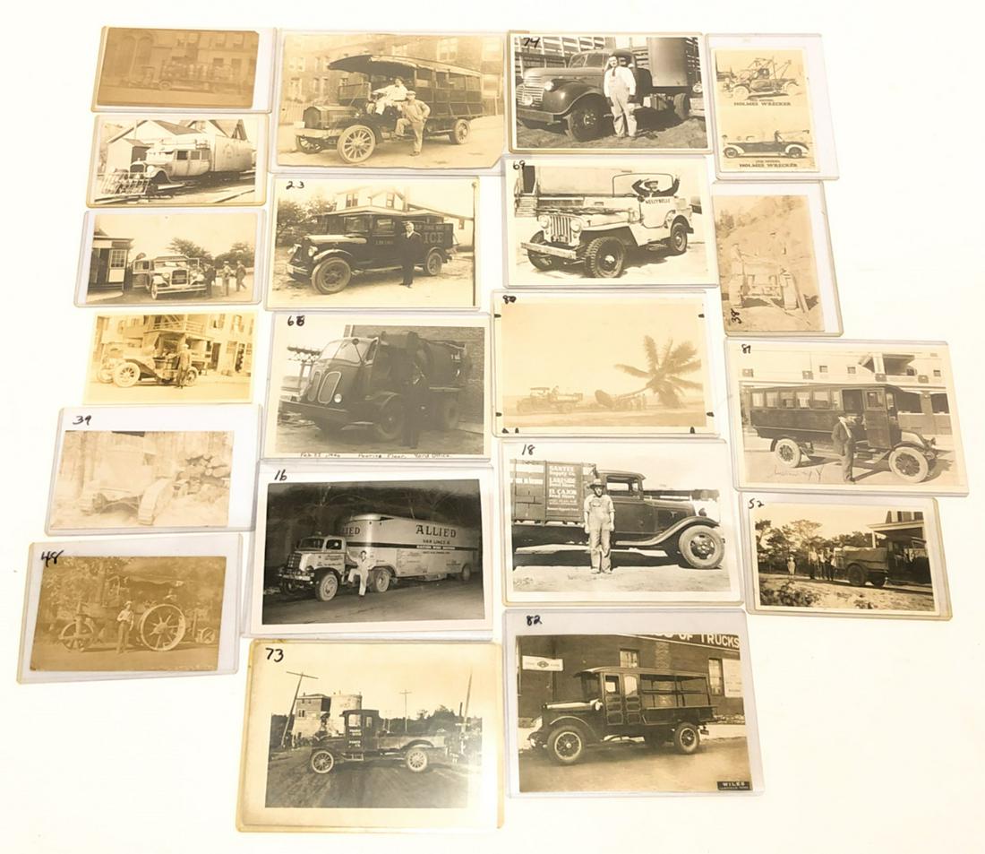 GROUPING OF PHOTOGRAPHS & RPPC of TRUCKS etc.: Including: Model T Ford, 1920s International, Steam Roller, Ice Truck,1926 Reo Speedwagon. etc. 5 3/4 x 8 inches (and smaller)