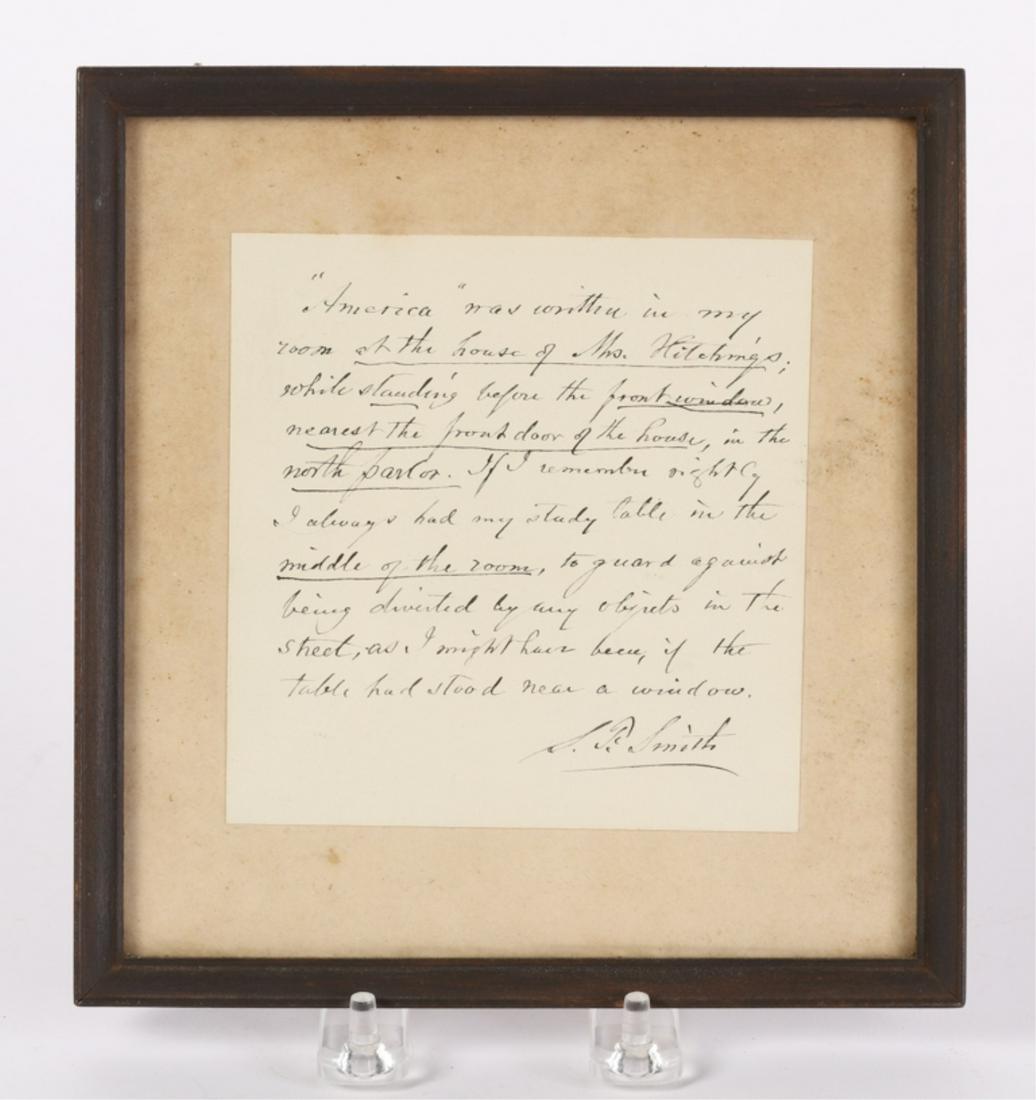 ALBUMEN PHOTOGRAPH OF HAND WRITTEN NOTE "AMERICA": Signed in print Samuel Francis Smith. framed 7 1/2 x 7 1/2 inches