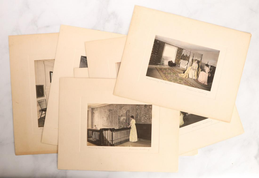 SUITE OF WALLACE NUTTING HAND COLORED PHOTOGRAPHS: (7) Images of Colonial Revival Marblehead including: "The Songs of Long Ago", "A State Chamber for Tea", "After the Reception", "Turning the Spit", "The Wedding Silver Safe", "Inspecting the Bride" an