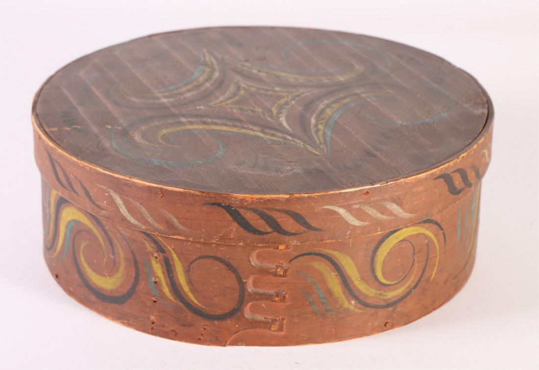 SCANDINAVIAN PANTRY BOX with SEWN FINGER JOINTS: Hand painted with scrolls. 5 x 13 inches