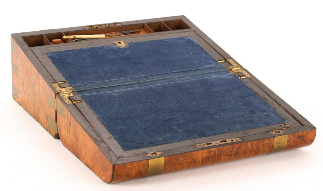 (19th c) BRASS BOUND BURLWOOD LAP / TRAVEL DESK: Case opens to a writing surface which hinges open to (2) compartments beneath.