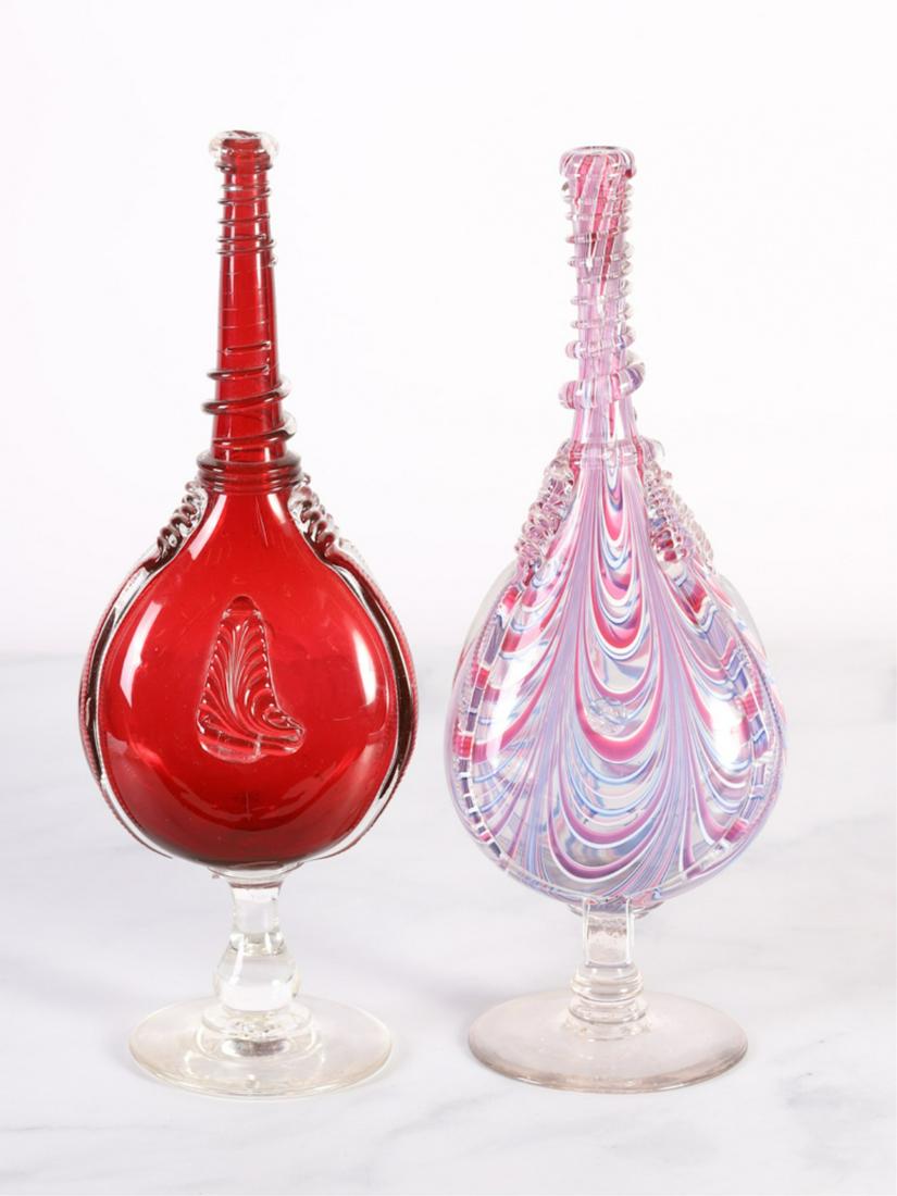 (2) VENETIAN GLASS PILGRIM FLASKS: (20th c) Elongated footed flasks with applied glass. unmarked 15 inches