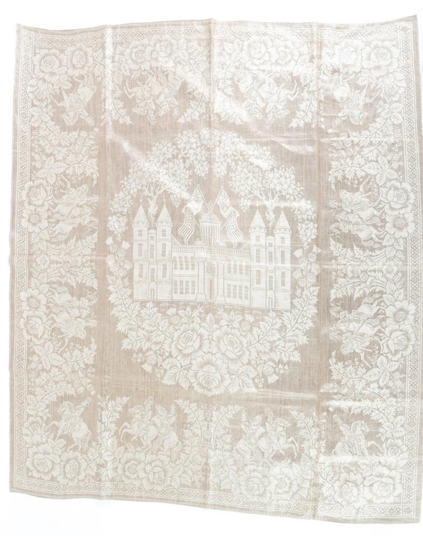 DAMASK TABLECLOTH with ANGLO-AMERICAN CASTLE: Floral surround with thistle and guards on horseback. 63 x 54 inches.