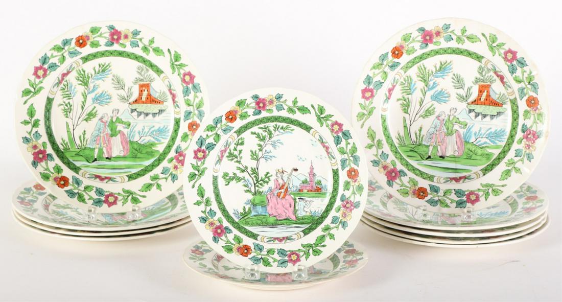 MINTONS REPRODUCTION (18th c) SALT-GLAZED PLATES: Staffordshire plates with raised enamel courtship and floral motifs including: (9) 10 inch dinner plates and (2) 9 inch luncheon plates