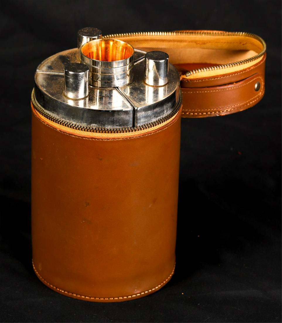 ART DECO TIN-LINED CHROME (3) FLASK TRAVEL KIT: Complete with (4) cups and leather case. Signed AHS Germany. Flasks measure 13 ounces.