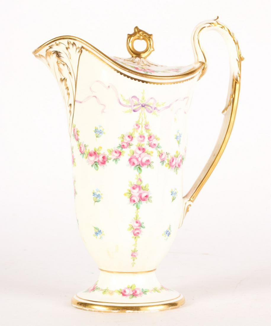 MINTONS ENGLAND PORCELAIN COFFEE POT: Hand painted with ribbons, bows and floral swags. 11 inches