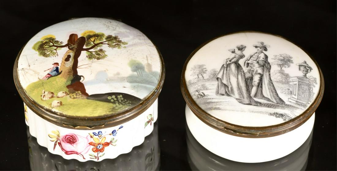 (2) BATTERSEA BOXES with ROMANTIC SCENE: "Shepherd playing Flute" and "Courtship Scene" 1 1/2 x 2 1/2 inches (and smaller)