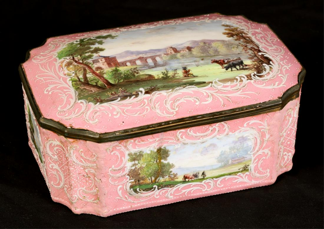 LARGE (18th c) BATTERSEA DRESSER BOX: Hand painted with (5) romantic landscapes within cartouches of scrolled enamel filigree. 3 1/2 x 8 x 6 inches