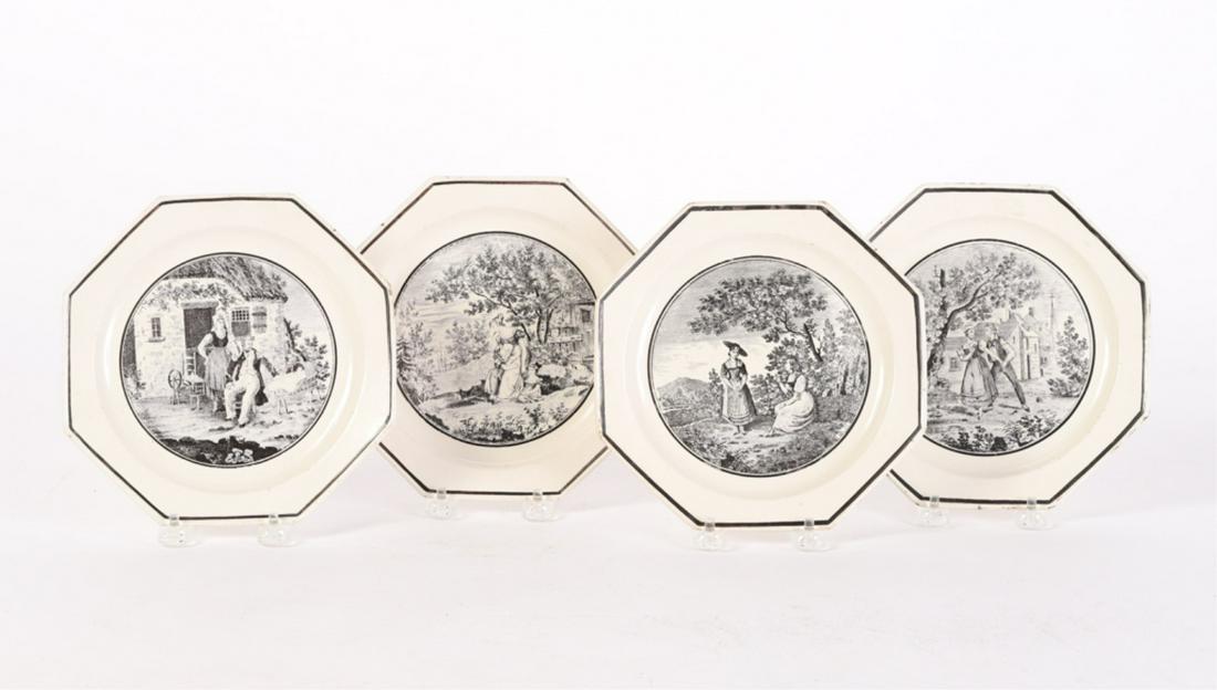 (4) OCTAGONAL CREAMWARE TRANSFER DESSERT PLATES: Each depicting (4) different stages in a couple's life. 7 1/2 inches.