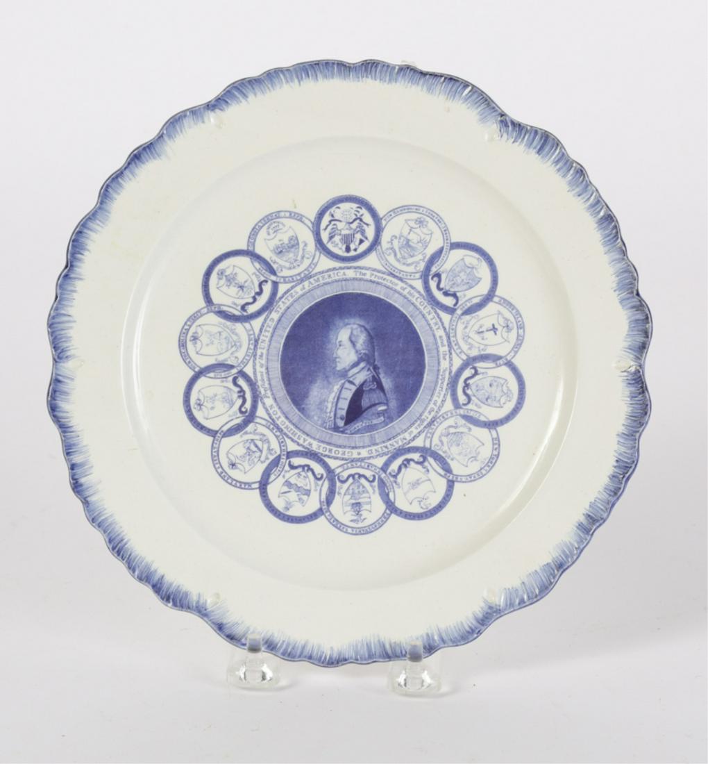 MOTTAHEDEH GEORGE WASHINGTON & (13) COLONIES PLATE: In the Leeds soft paste transferware featheredge tradition. 8 1/2 inches