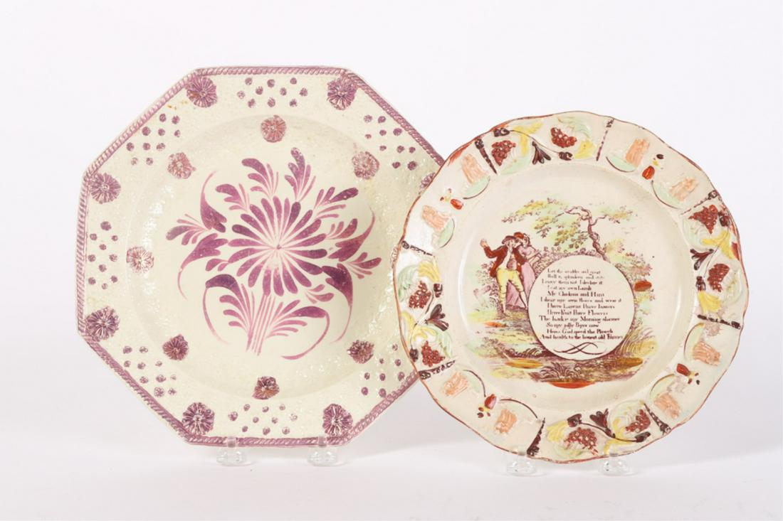 RAISED STAFFORDSHIRE TRANSFERWARE PLATE & a SECOND: Pearlware plate with raised rim and center with an "Honest Farmers" poem. 8 3/4 inches. Together with an unusually large octagonal pink luster plate with floral motif. 9 3/4 inches