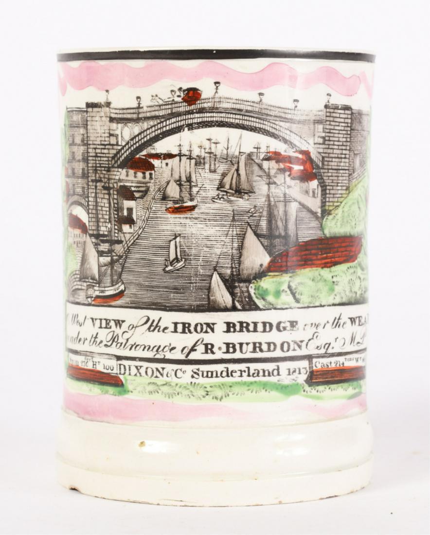 "IRON BRIDGE" SUNDERLAND LUSTER FROG MUG: "R. Burdon Dixon & Co. Sunderland 1813" transfer decorated pearlware. 5 inches