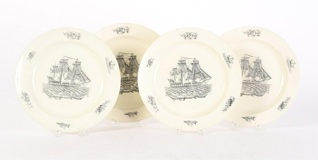 (4) TRANSFER DECORATED CREAMWARE PLATES: Crimped rims. Nautical themes with tall ships, light houses, fish, floats and cannonballs. 10 inches.