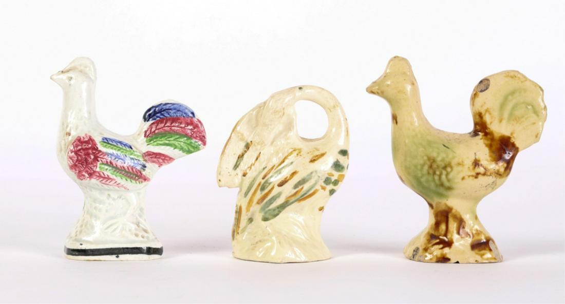(2) STAFFORDSHIRE / PRATTWARE ROOSTERS and a SWAN: 3 1/4 inches