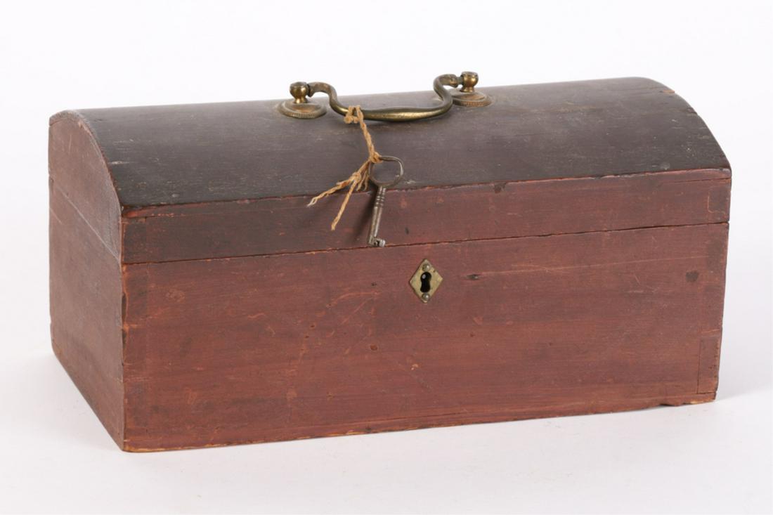 (18th c) DOME TOP DOCUMENT BOX in RED PAINT: Dovetail construction, original lock, handle, key and escutcheon. Rolled snipe hinges. 5 1/2 x 11 x 6 inches.