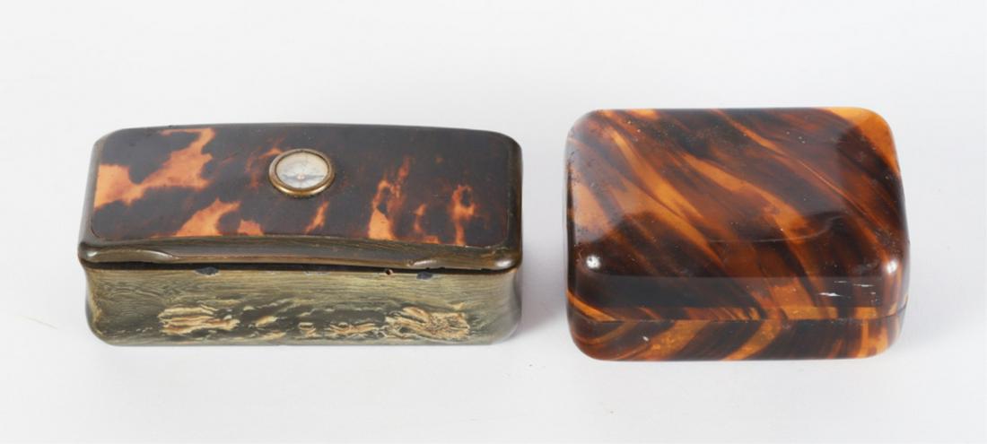 HORN SNUFF BOX with COMPASS & a PLASTIC SOAP BOX: Tortoise shell veneered cover set with a compass. 1 1/4 x 4 x 2 inches (and under)