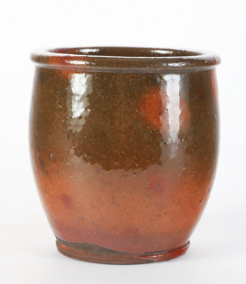 GREY-GREEN "PEACH SPOTS" APPLE BUTTER REDWARE JAR: Rolled rim and pronounced foot. 4 1/2 x 4 inches
