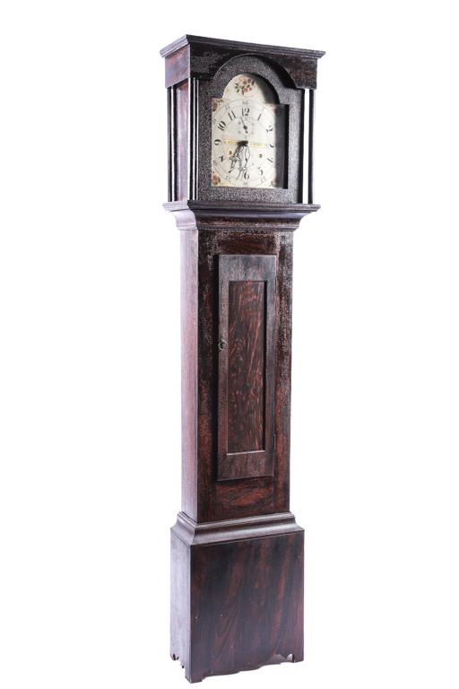 RILEY WHITING PAINTED TALL CLOCK c. 1815: Early (7) day clock by Riley Whiting, Winchester, Connecticut. Faux grained white pine case, flat bonnet and scrolled apron base with arched glazed door opening to a floral and spandrel painted dial s