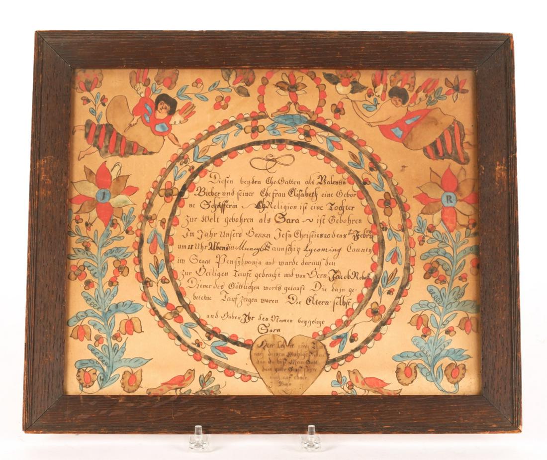 BLOWSY ANGEL ARTIST FRAKTUR: Balentin Bieber and Elisabeth, Lycoming County, Pennsylvania baptism fraktur. Decorated with angels, wreaths, flowers and birds 13 x 16 inches. framed 16 x 18 1/2 inches (overall)