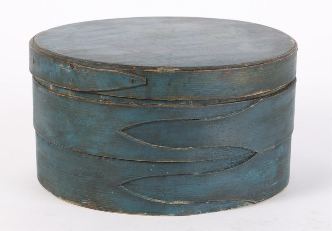 SHAKER CHEESE / PANTRY BOX in BLUE PAINT: Pine barrel stave construction strapped with finger jointed ash. 6 1/2 x 12 1/2 inches