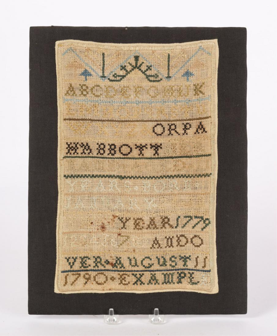 ALPHA NUMBERIC SAMPLER by ORPAH ABBOTT 1779/1790: Andover. 12 1/2 x 8 inches (not including mat which it is sewn to)