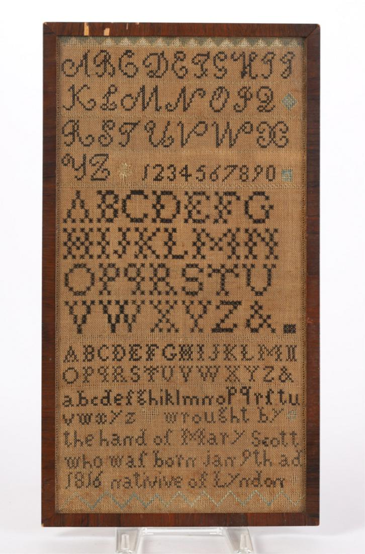 ALPHA-NUMERIC SAMPLER by MARY SCOTT born 1816: Saw tooth borders and small geometrical elements. Mary Scott was "Native of Lyndon". framed 18 1/2 x 10 inches (overall)