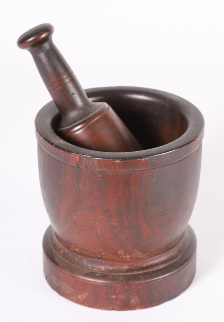 (19th c) LIGNUM VITAE MORTAR AND PESTLE: 10 x 6 1/2 inches