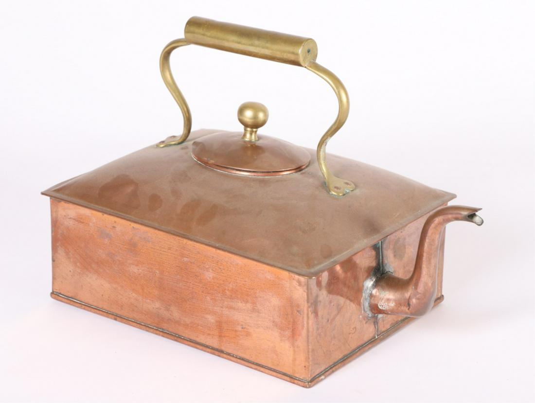 RECTANGULAR GOOSE NECK COPPER SHIP'S KETTLE: Brass handle ended with hearts. 11 x 15 x 9 inches