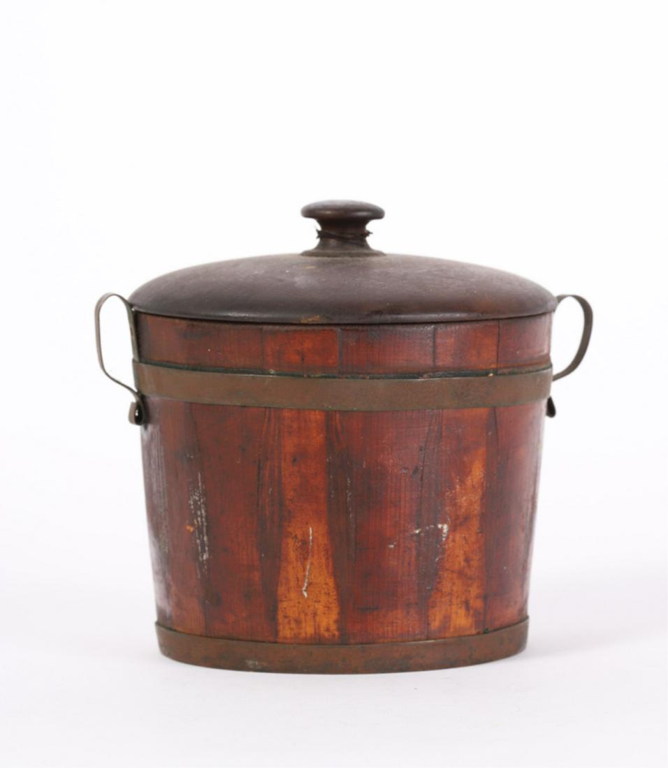 SMALL BUTTER BUCKET with MAPLE COVER: Barrel stave construction with copper hoops and handles. 5 x 5 inches