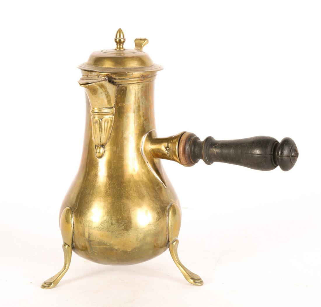 (18th c) FRENCH BRASS HOT CHOCOLATE POT: Acorn finial with hinged cover and spout, Bulbous font with offset handle and raised on (3) stepped pad feet. 9 1/2 inches