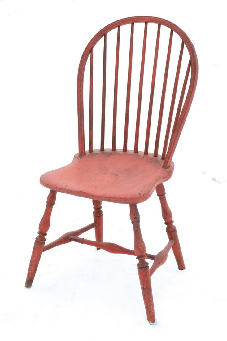 (18th c) WINDSOR SIDE CHAIR: Molded back bow painted salmon over black. 37 x 17 x 16 inches