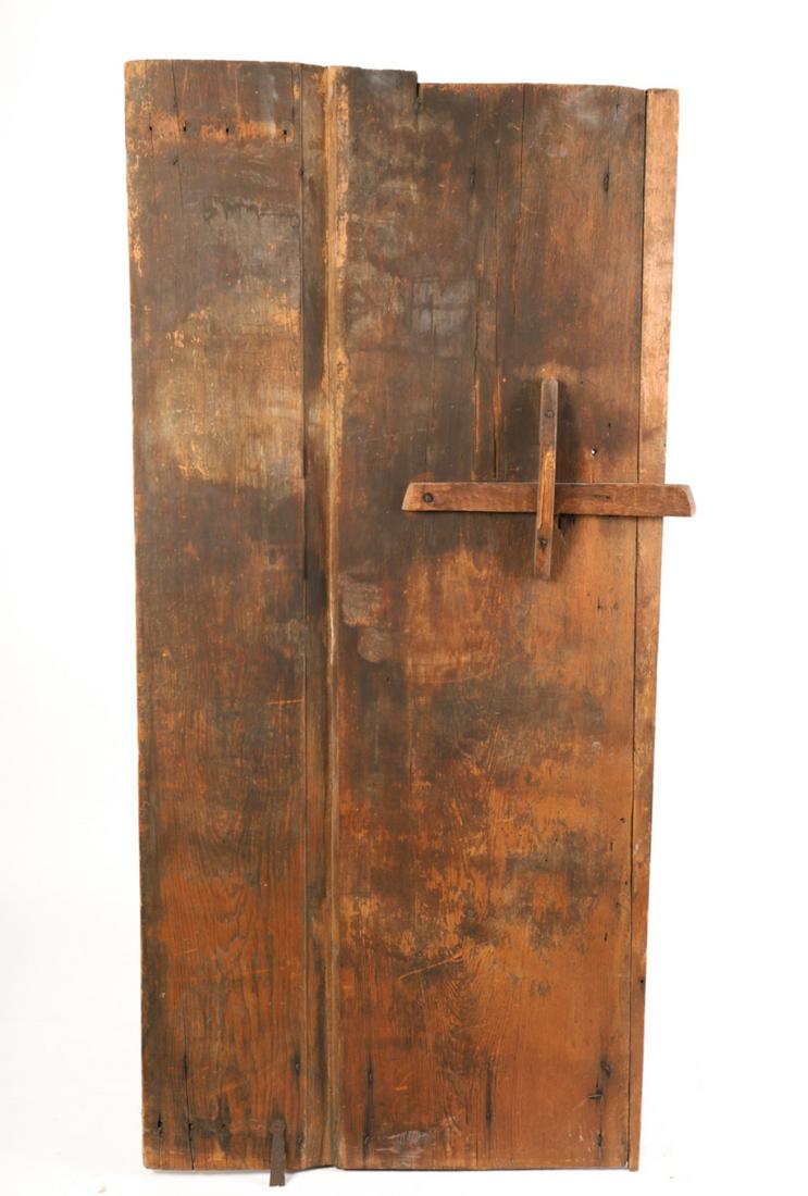 (17thc) DOOR FROM THE JOHN ATKINSON HOUSE NEWBURY: Pine with rose head nails and feathered tongue and groove construction. 60 x 29 1/2 inches