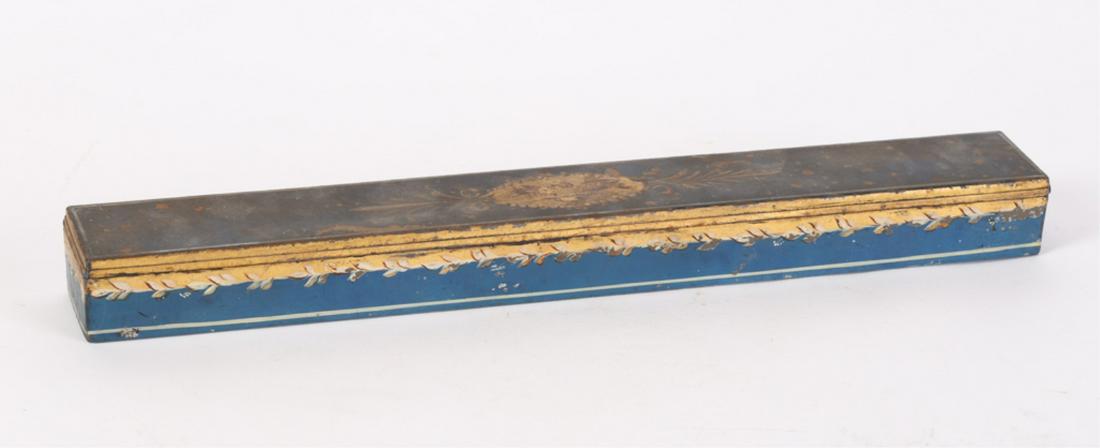FANCY TOLE BOX DECORATED with GOLD & BLUE PAINT: (19th c) Depicting (2) birds on a bird bath. 18 inches.