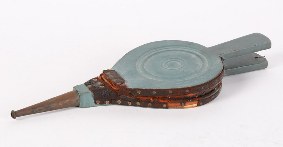 PAIR OF EARLY BELLOWS IN WONDERFUL DRY BLUE PAINT: 15 1/4 inches