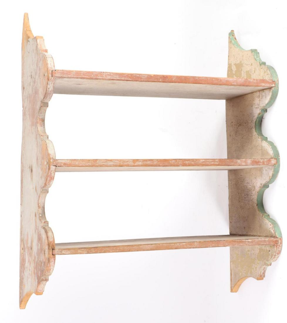 (19th c) HANGING SHELVES in DISTRESSED PAINT: Shaped ends and wide single plank shelves. 39 x 32 x 13 inches
